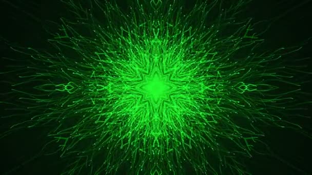 Abstract Dark Background Animation Slow Moving Green Particles Form Snowflake — Stock Video