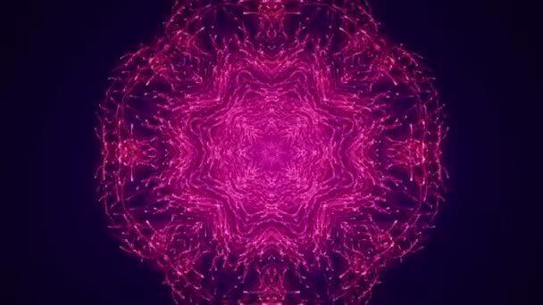 雪の結晶の形でゆっくりと動く紫色の粒子のアニメーションと抽象暗い背景 シームレスループのアニメーション — ストック動画