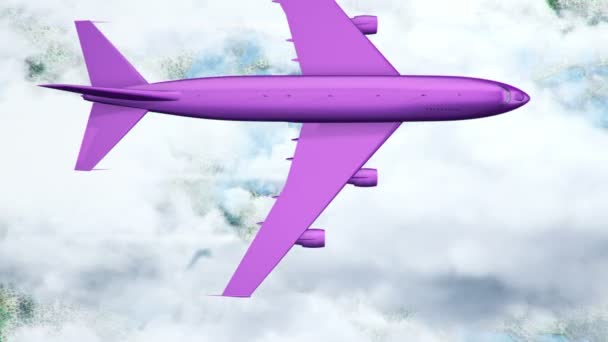 Animation Eines Lila Fliegenden Flugzeugs Über Wolken Und Landung Animation — Stockvideo