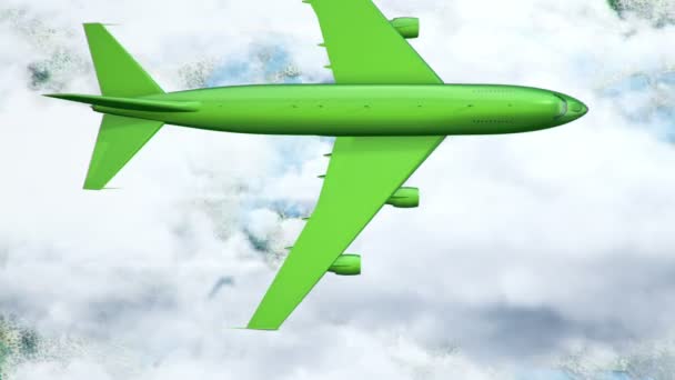 Анимация Зеленого Летающего Самолета Над Облаками Землей Анимация Бесшовного Цикла — стоковое видео