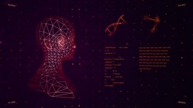 Soyut arayüzün animasyonuyla arka plan. İnsan vücudu, DNA sarmalları ve atom modelleri kablo biçiminde ve animasyon programlama kodlarında. Kusursuz döngünün animasyonu.