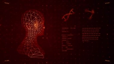 Soyut arayüzün animasyonuyla arka plan. İnsan vücudu, DNA sarmalları ve atom modelleri kablo biçiminde ve animasyon programlama kodlarında. Kusursuz döngünün animasyonu.