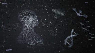 Soyut arayüzün animasyonuyla arka plan. İnsan vücudu, DNA sarmalları ve atom modelleri kablo biçiminde ve animasyon programlama kodlarında. Kusursuz döngünün animasyonu.