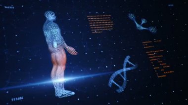 Soyut arayüzün animasyonuyla arka plan. İnsan vücudu, DNA sarmalları ve atom modelleri kablo biçiminde ve animasyon programlama kodlarında. Kusursuz döngünün animasyonu.