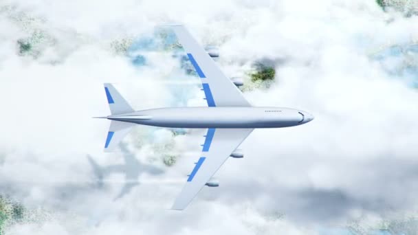 白色飞机在云彩和陆地上空的动画 无缝回路的动画 — 图库视频影像