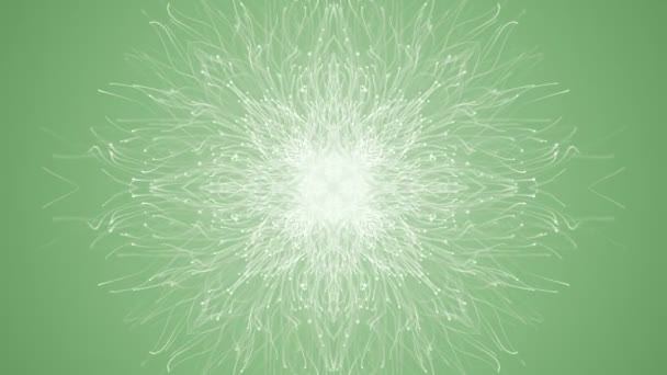雪の結晶の形でゆっくりと動く白い粒子のアニメーションと抽象的な緑の背景 シームレスループのアニメーション — ストック動画