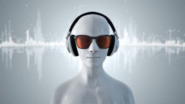 Gözlüklü ve kulaklıklı insanın soyut beyaz 3D modeli gri arka planda müzik dinliyor, kusursuz döngünün animasyonu 