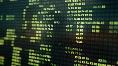 Bilgisayar ekranında farklı yapılandırmalarda yeşil ikili kodu temsil eden teknolojik arkaplan, kusursuz döngünün animasyonu