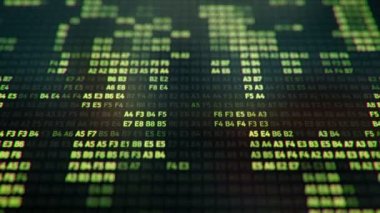 Bilgisayar ekranında farklı yapılandırmalarda yeşil ikili kodu temsil eden teknolojik arkaplan, kusursuz döngünün animasyonu