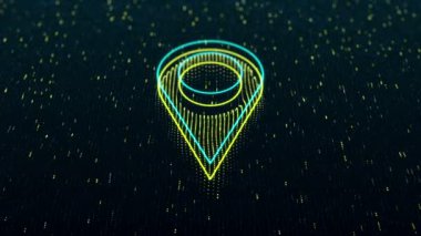 Koyu arkaplanda parlak harita noktası simgesi olan teknolojik arka plan. Kusursuz döngü 