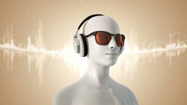 Gözlüklü ve kulaklıklı insanın soyut beyaz 3D modeli altın arka planda müzik dinliyor, kusursuz döngünün animasyonu 