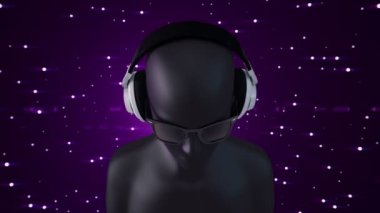 Gözlüklü ve kulaklıklı insanın soyut beyaz 3D modeli mor arka planda müzik dinliyor, kusursuz döngünün animasyonu 