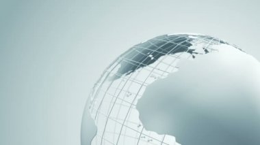 Gri Dünya Küresi 'nin camdan dönmesiyle soyut arkaplan, pürüzsüz döngü animasyonu 