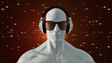 Gözlüklü ve kulaklıklı insanın soyut beyaz 3D modeli kırmızı arka planda müzik dinliyor, kusursuz döngünün animasyonu 