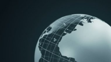 Gri Dünya Küresi 'ni camdan döndüren soyut koyu arkaplan, kusursuz döngü animasyonu 