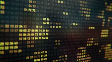 Bilgisayar ekranında farklı yapılandırmalarda sarı ikili kodu temsil eden teknolojik arkaplan, kusursuz döngünün animasyonu