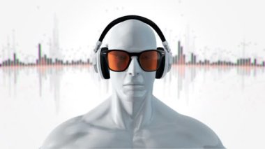 Gözlüklü ve kulaklıklı insanın soyut üç boyutlu modeli beyaz arka planda müzik dinliyor, kusursuz döngünün animasyonu 