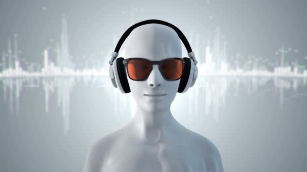 灰色の背景で音楽を聴く眼鏡やヘッドフォンの人間の抽象的な白い3Dモデル シームレスなループのアニメーション — ストック動画