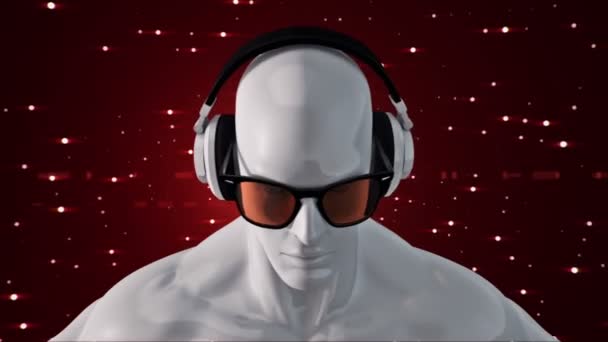 Абстрактна Біла Модель Людини Окулярах Навушниках Слухають Музику Червоному Тлі — стокове відео