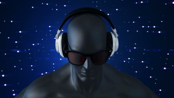 眼镜和耳机中的人的抽象黑色3D模型 在蓝色背景下听音乐 无缝循环动画 — 图库视频影像