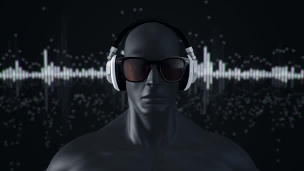 Abstraktní Černý Model Člověka Brýlích Sluchátkách Poslech Hudby Šedém Pozadí — Stock video