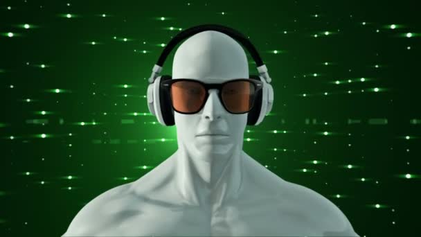 Abstracto Blanco Modelo Humano Gafas Auriculares Escuchando Música Sobre Fondo — Vídeo de stock