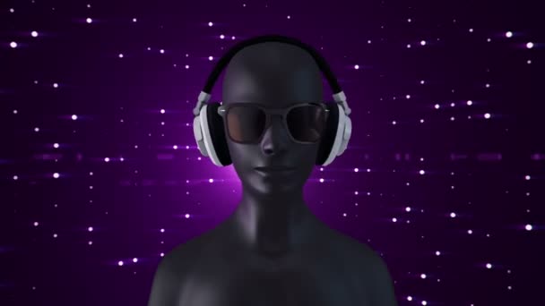 Astratto Modello Bianco Umano Occhiali Cuffie Ascoltare Musica Sfondo Viola — Video Stock