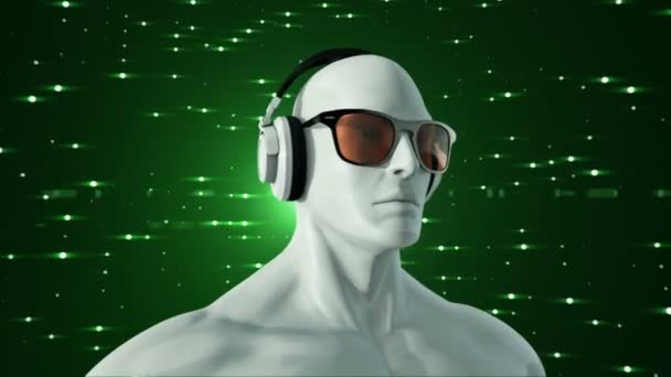 Abstract White Model Human Eyeglasses Headphones Listening Music Green Background — Stock Video