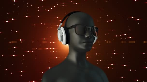 Abstracto Negro Modelo Humano Gafas Auriculares Escuchando Música Sobre Fondo — Vídeo de stock