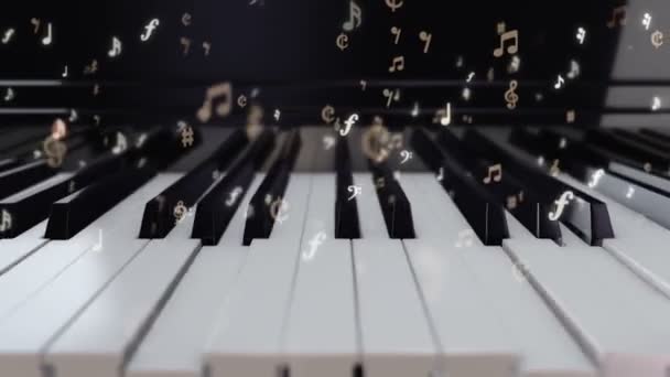 ピアノのキーを押すとピアノで遊ぶのアニメーションと音楽ノートの飛行シンボル シームレスなループのアニメーション — ストック動画