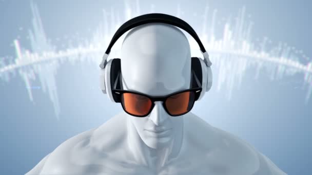 Abstracto Blanco Modelo Humano Gafas Auriculares Escuchando Música Sobre Fondo — Vídeo de stock