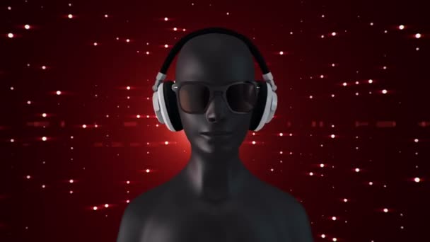Αφηρημένο Μαύρο Μοντέλο Του Ανθρώπου Γυαλιά Και Ακουστικά Ακούγοντας Μουσική — Αρχείο Βίντεο