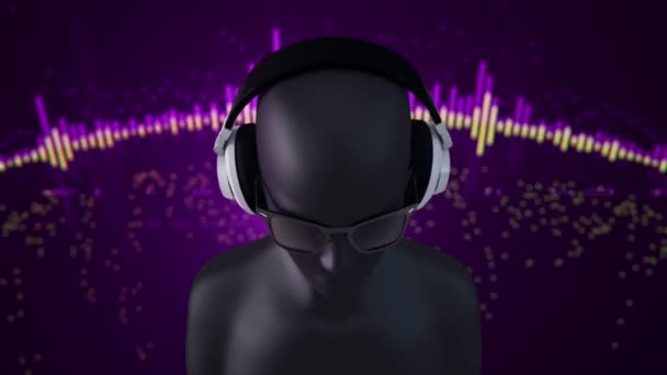 Abstrakcyjny Biały Model Człowieka Okularach Słuchawkach Słuchających Muzyki Fioletowym Tle — Wideo stockowe