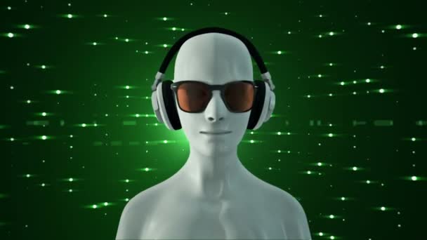 Abstrakcyjny Biały Model Człowieka Okularach Słuchawkach Słuchających Muzyki Zielonym Tle — Wideo stockowe