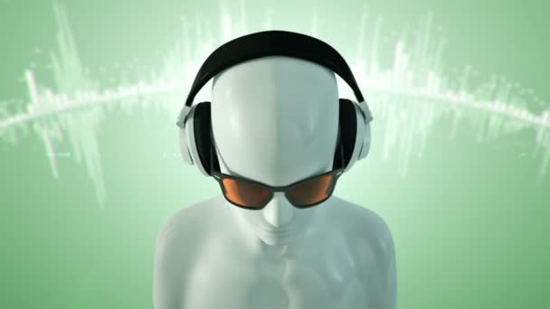 Gözlüklü Kulaklıklı Insanın Soyut Beyaz Modeli Yeşil Arka Planda Müzik — Stok video