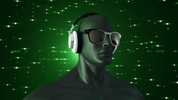 Abstracto Negro Modelo Humano Gafas Auriculares Escuchando Música Sobre Fondo — Vídeo de stock