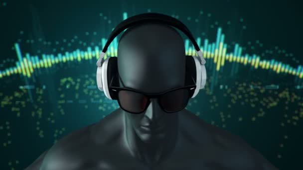 Абстрактная Черная Модель Человека Очках Наушниках Слушающая Музыку Бирюзовом Фоне — стоковое видео