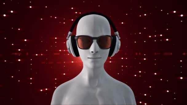 Abstrakcyjny Biały Model Człowieka Okularach Słuchawkach Słuchających Muzyki Czerwonym Tle — Wideo stockowe