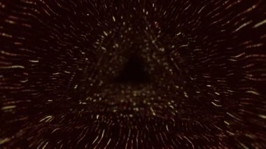 Altın çizgilerden tünele uçma animasyonuyla soyut teknoloji arka planı ve veri transferi olarak titreşen parçacıklar, kusursuz döngünün animasyonu