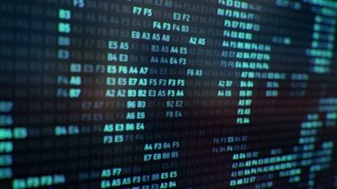 Bilgisayar ekranında farklı yapılandırmalarda mavi ikili kodu temsil eden teknolojik arkaplan, kusursuz döngünün animasyonu