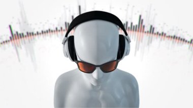 Gözlüklü ve kulaklıklı insanın soyut üç boyutlu modeli beyaz arka planda müzik dinliyor, kusursuz döngünün animasyonu 