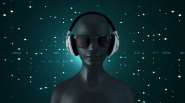 Gözlüklü ve kulaklıklı insanın soyut siyah 3D modeli turkuaz arka planda müzik dinliyor, kusursuz döngünün animasyonu 