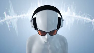 Gözlüklü ve kulaklıklı insanın soyut beyaz 3D modeli mavi arka planda müzik dinliyor, kusursuz döngünün animasyonu 