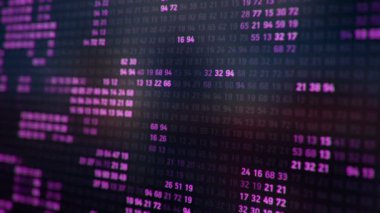 Bilgisayar ekranında farklı yapılandırmalarda mor ikili kodu temsil eden teknolojik arkaplan, kusursuz döngünün animasyonu