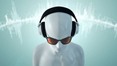 Gözlüklü ve kulaklıklı insanın soyut beyaz 3D modeli turkuaz arka planda müzik dinliyor, kusursuz döngünün animasyonu 