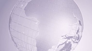 Gri Dünya Küresi 'nin dönmesiyle soyut mor arkaplan. Camdan küre, pürüzsüz döngünün animasyonu. 