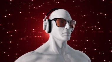 Gözlüklü ve kulaklıklı insanın soyut beyaz 3D modeli kırmızı arka planda müzik dinliyor, kusursuz döngünün animasyonu 