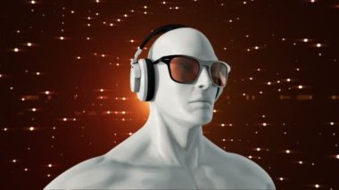 Gözlüklü ve kulaklıklı insanın soyut beyaz 3D modeli kırmızı arka planda müzik dinliyor, kusursuz döngünün animasyonu 