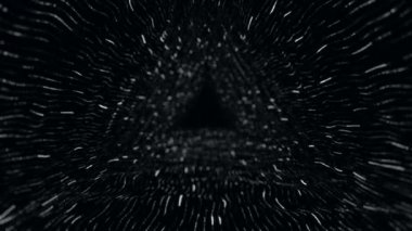 Beyaz çizgilerden tünele uçma animasyonuyla soyut teknoloji arka planı ve veri transferi olarak titreşen parçacıklar, kusursuz döngünün animasyonu