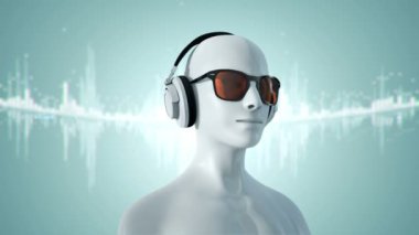 Gözlüklü ve kulaklıklı insanın soyut beyaz 3D modeli turkuaz arka planda müzik dinliyor, kusursuz döngünün animasyonu 